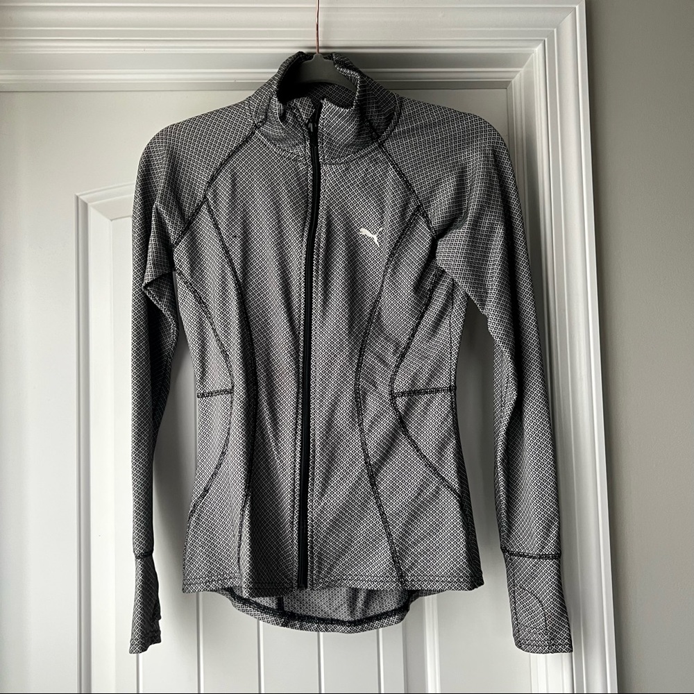 Puma Athletic Sport Black White Zip Up Jacket with Zip Pocket
